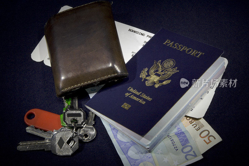 旅行:钱包，钥匙，欧元，护照，登机牌
