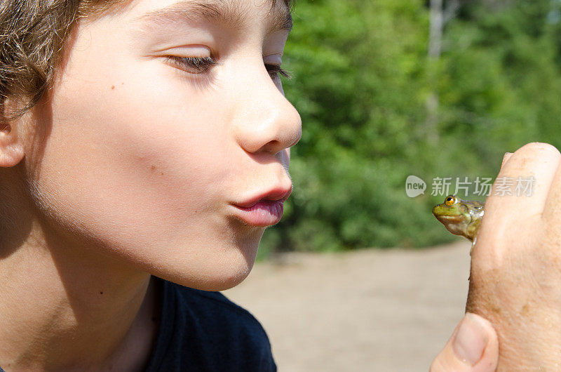 近距离小男孩准备亲吻一个真正的青蛙在户外暑假