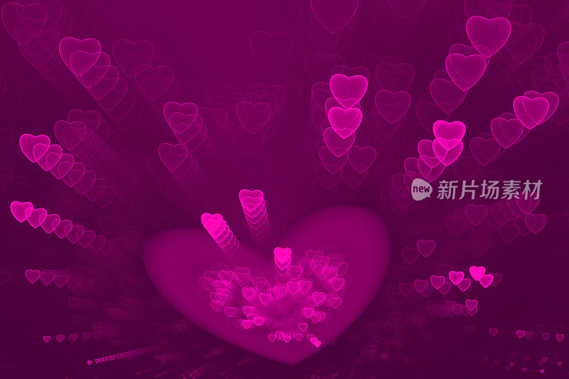 霓虹粉紫心五彩纸屑图案情人节，甜蜜的一天爱情抽象烟花爆炸的背景假日明亮的美术分形