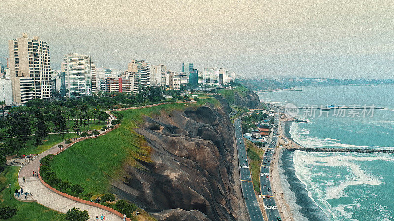 油画全景鸟瞰图米拉弗洛雷斯区海岸线在利马，秘鲁。