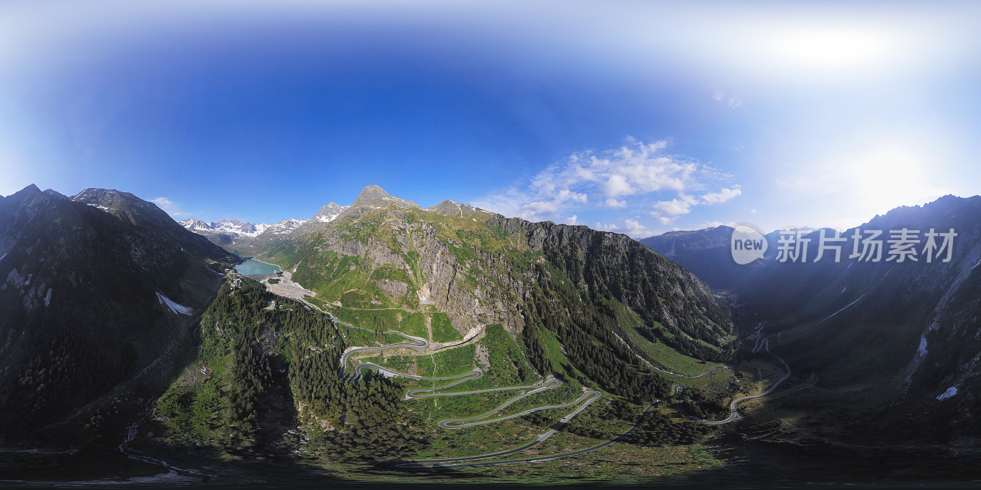 奥地利Vorarlberg的Silvretta-Bielerhohe高山公路的360度x180度球面(等矩形)空中全景图。