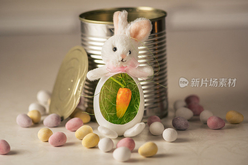带着复活节彩蛋的复活节兔子。庆祝复活节的节日气氛和装饰。