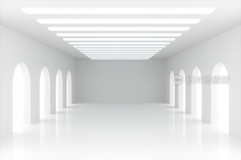 3D白色空房间内部，隧道，走廊