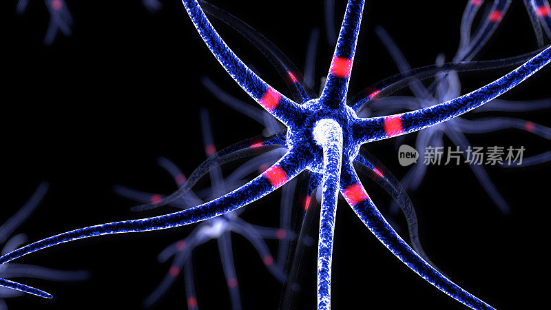 神经元在黑色背景上的3D渲染。神经细胞发出红光。背景模糊，焦点在前面。