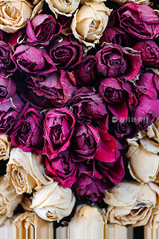 图片中的干红玫瑰花束在一个正方形中，红玫瑰被排成心形，周围环绕着白玫瑰花，浪漫的花束布置为情人节的爱情主题。