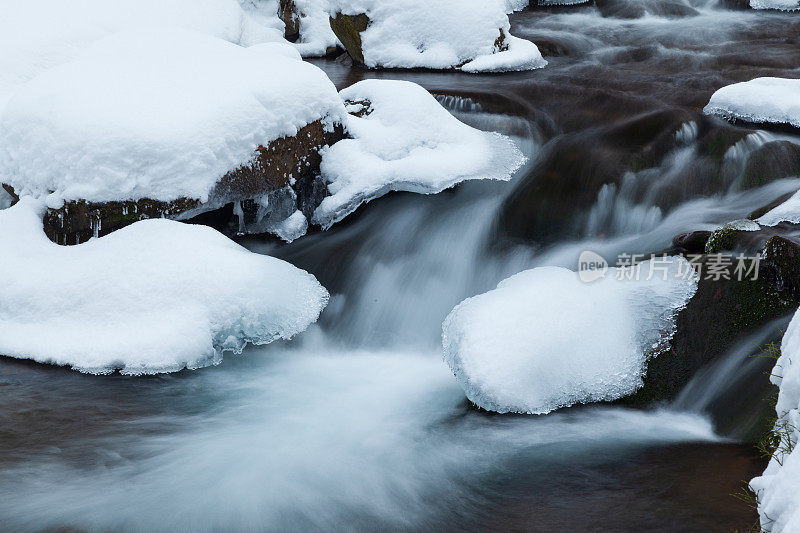 冬季高山瀑布雪景。雪山瀑布景观。冬季的山瀑布在Shipot瀑布-喀尔巴阡山脉，乌克兰。