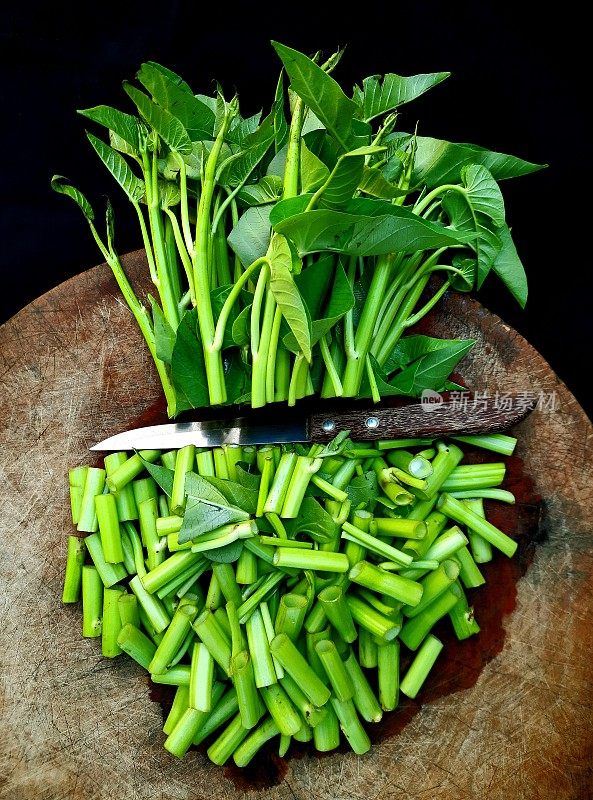 采伐牵牛花蔬菜食品的准备。