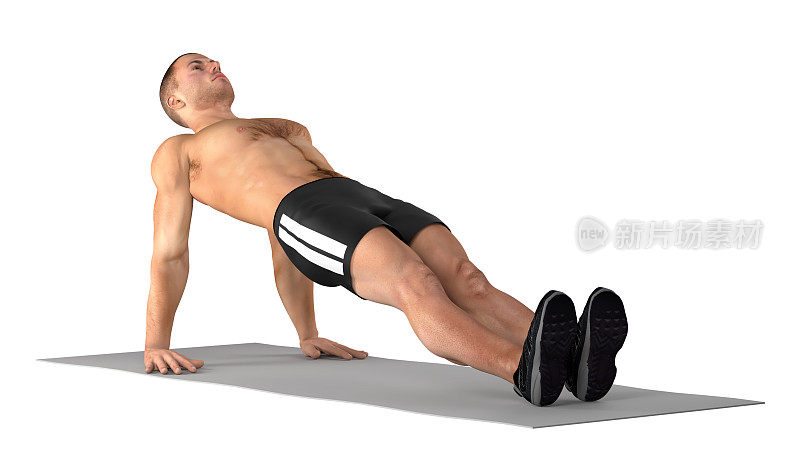 一个健康的人，做反向平板支撑运动的3D插图