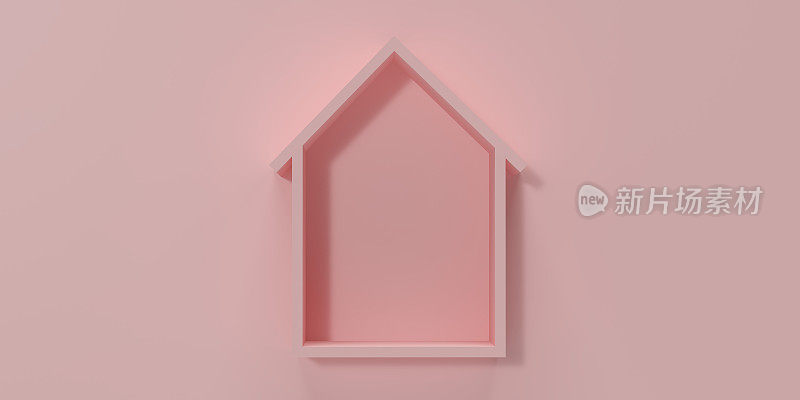 3d粉红色的房子模型在粉红色的背景轮廓