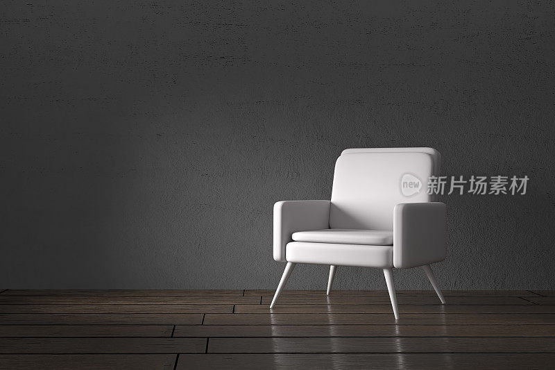 现代的白色扶手椅在黑暗忧郁的室内房间。