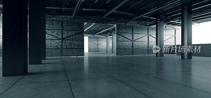 Grunge工作室展厅大空钢混凝土机库仓库谷仓巨大空间日光窗现代车间汽车车库仓库3D渲染