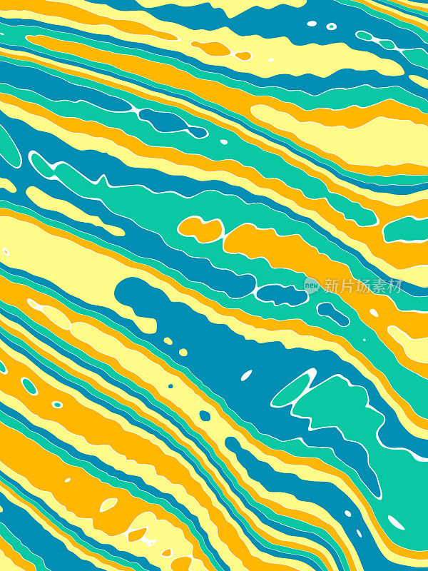 摘要波浪荡漾夏天彩色图案液体海滩背景野兽派孟菲斯风格山飞溅可爱的有趣模糊在一排海军蓝蓝绿色橙黄色水彩画波浪纹理扭曲分形美术