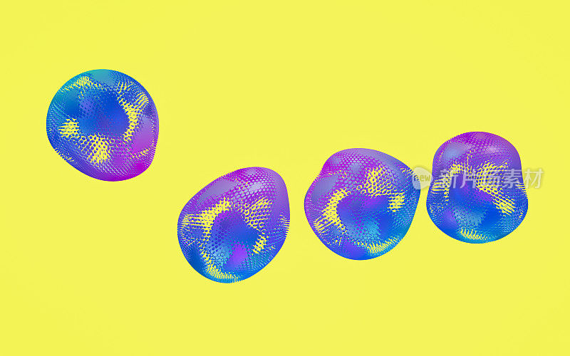 一个温和变形的蜂窝球的三维图像，随机旋转青色，蓝色和品红混合在一起。