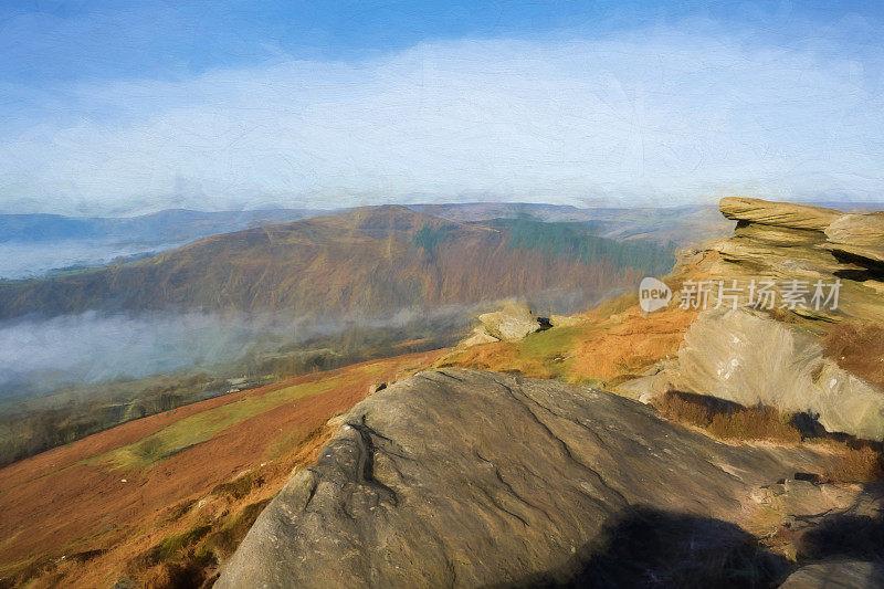 班福德边缘数字油画在山顶地区的日出，英国。