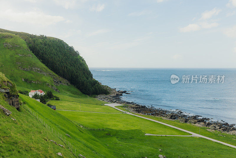 挪威绿色岛屿上的风景优美的村庄，拥有海景