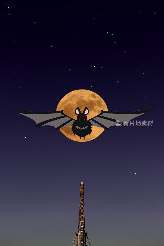 蝙蝠在摩天轮上升起的草莓超级月亮上飞行