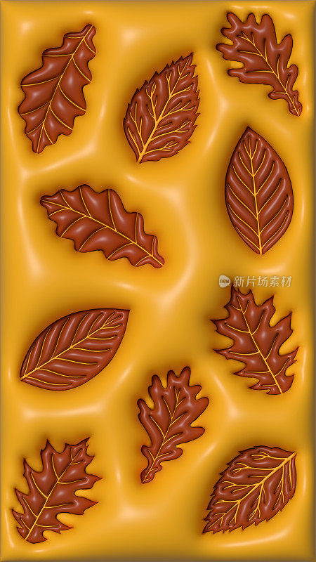树叶抽象背景，3D气球效果。3D渲染收集棕色秋叶，设计元素，自然图标。