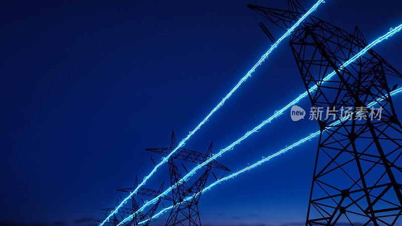 高压输电塔上有发光电流线，夜间电力通过电线输送到城市和家庭，可再生绿色能源电网基础设施概念3d渲染