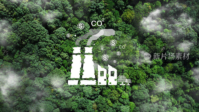 环保产业理念。碳信用和碳税。工业图标上的森林顶视图。温室气体净零排放目标。减少碳足迹和可再生能源。