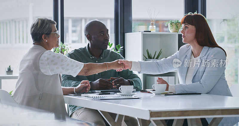 商务人士，在招聘、招聘或感谢时，在办公室与严肃的经理握手。握手，团队和合作伙伴关系，交易或b2b协议的顾问