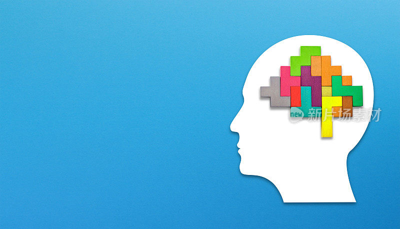 心理健康概念。人类的大脑是由五颜六色的木块组成的。