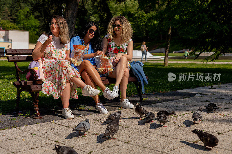 坐在公共长椅上喂鸽子的女人。