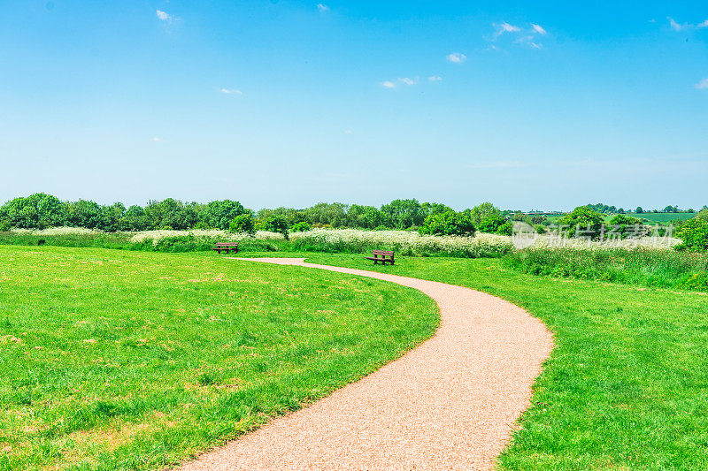 乡村景观与蜿蜒的农场道路穿过田野