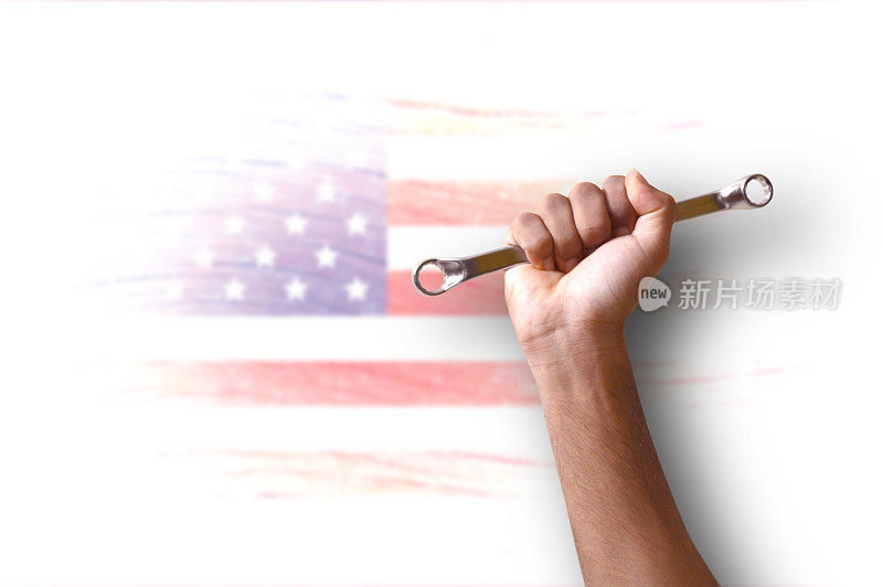 Grunge纹理明亮的水平Grunge白色涂鸦褪色的背景与手持扳手或扳手工作工具适用于美国劳动节海报和美国国旗设计涂鸦