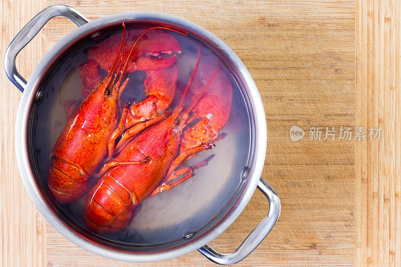 两只红色的龙虾在一锅沸水里