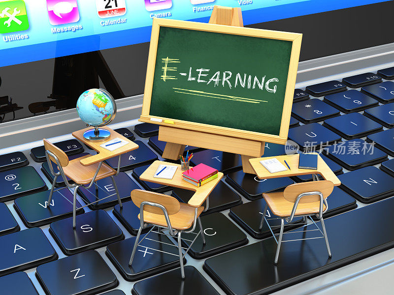 E-learning，在线教育理念。黑板和课桌
