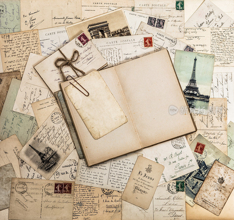 打开书，旧信件和明信片。旅行剪贴簿法国巴黎