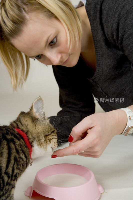 一位年轻妇女正在给小猫喂奶