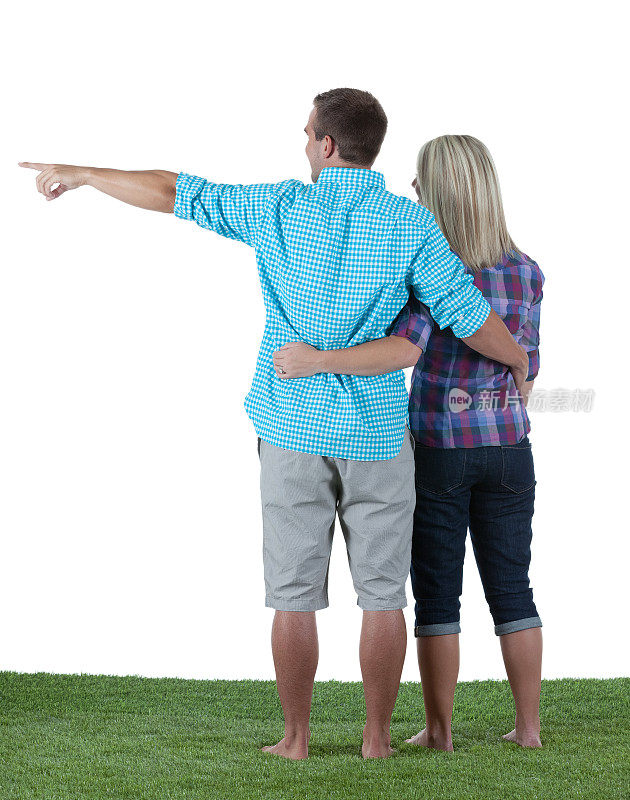 后视图的夫妇站在一个公园和指向