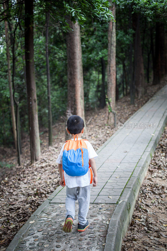 亚洲小孩在山上徒步旅行