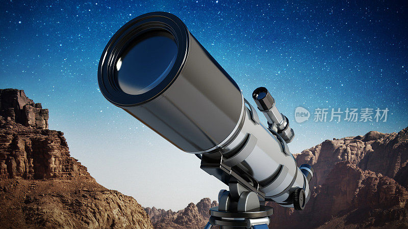 一架伫立在沙漠中的望远镜，以夜空为背景。天文学和恒星观测概念。