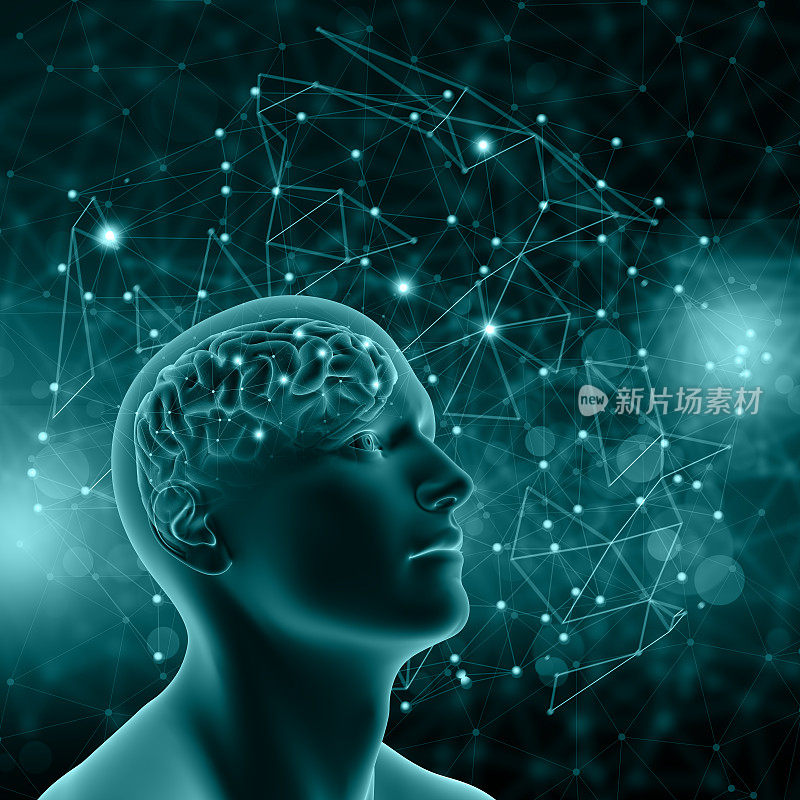3D男性人物与大脑的背景与连接的点和线