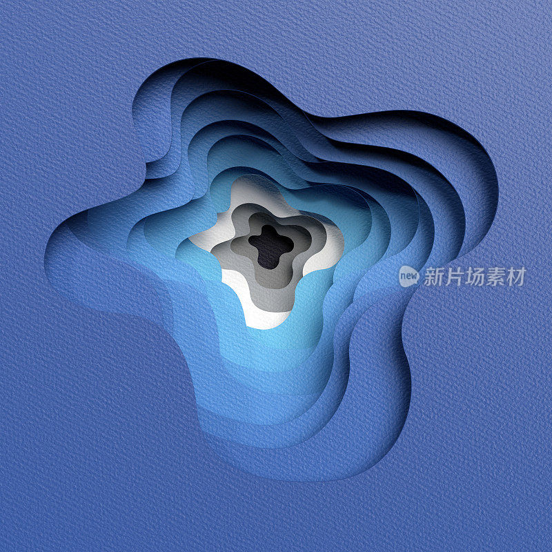 3d渲染，抽象分层蓝色背景，剪纸形状