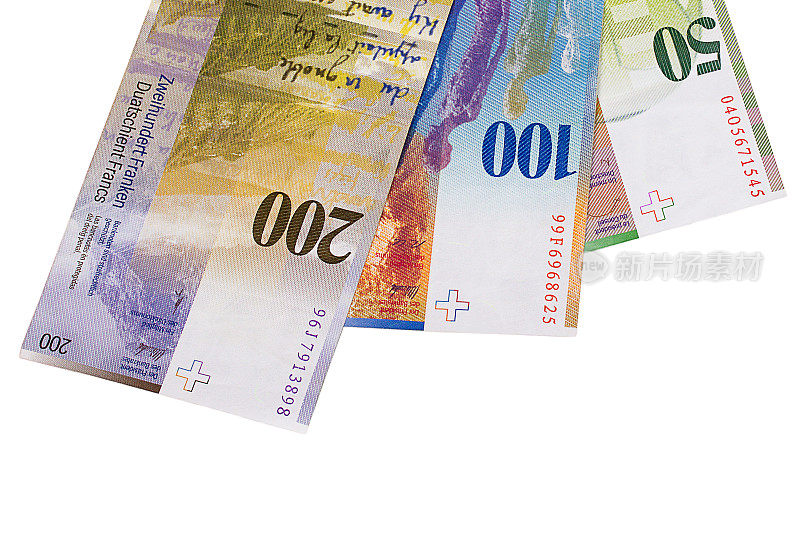 瑞士法郎纸币孤立在白色背景。