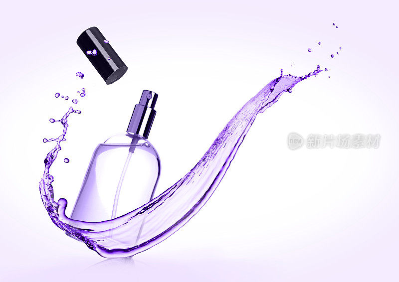 豪华紫罗兰液体香水瓶与飞溅