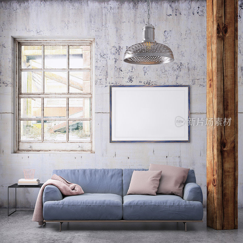 现代室内公寓与彩色沙发和画框模板