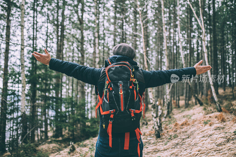 老人在森林里徒步旅行