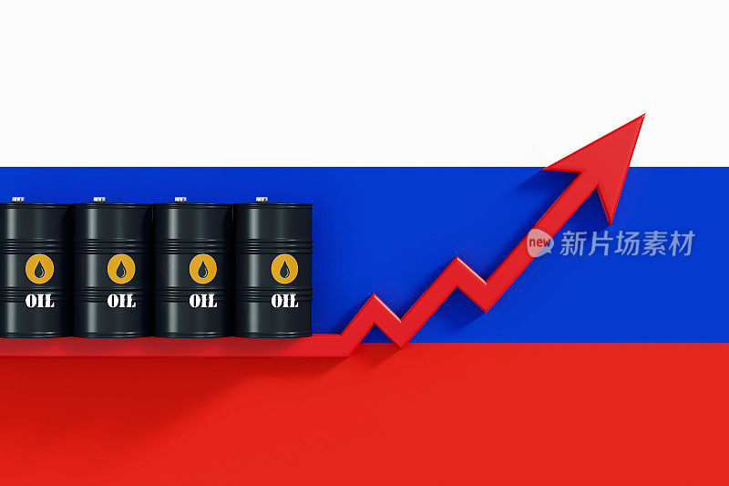 石油桶坐在红色箭头，这是上升的俄罗斯国旗-全球石油供需概念