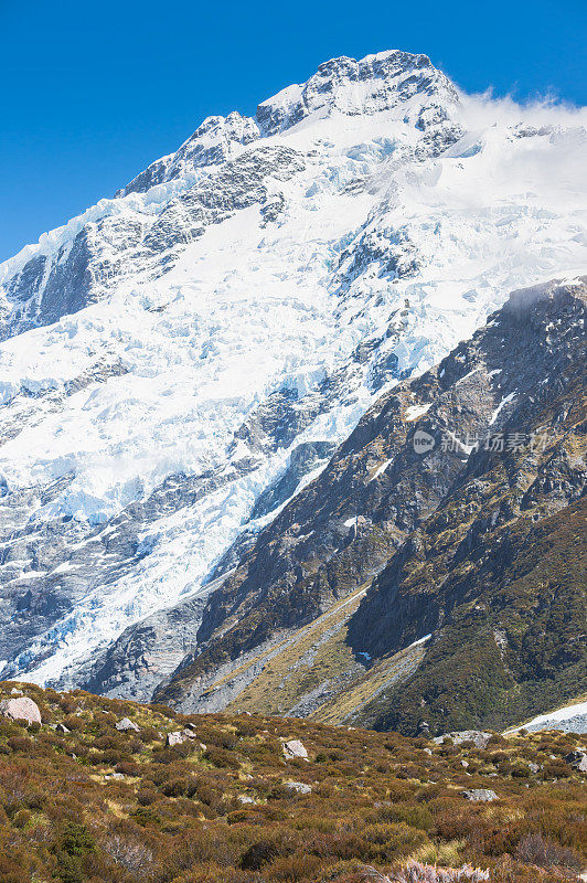 新西兰库克山塔斯曼冰川上的雪山。