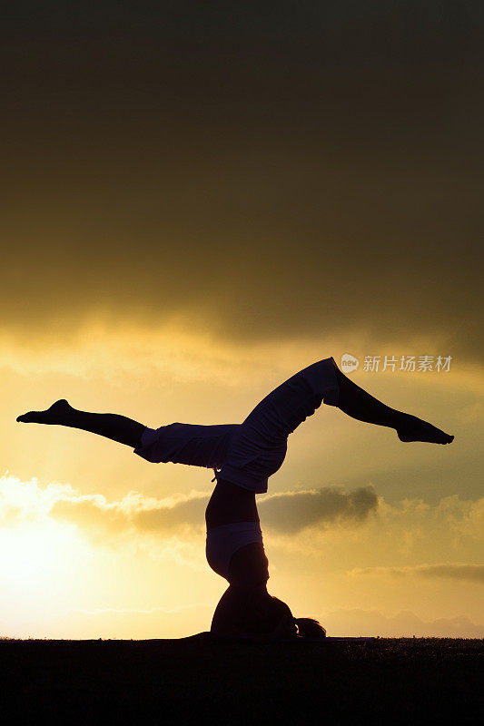 女性瑜伽姿势剪影在日落