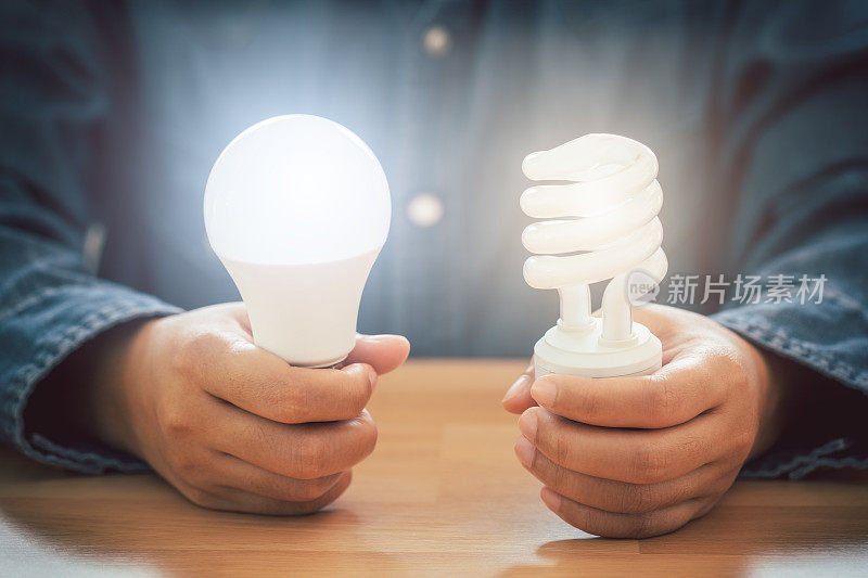 手握螺旋灯泡和LED灯泡，节约能源效率和会计财务理念。