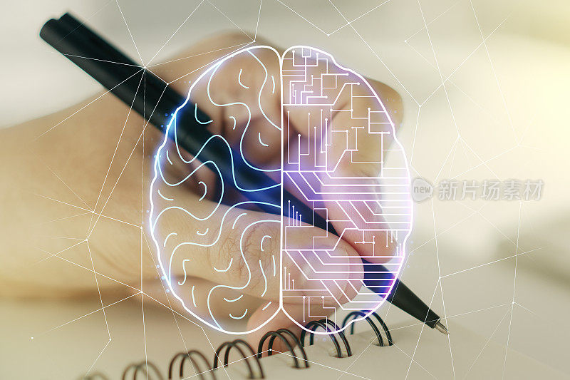 创意人工智能符号与手写在笔记本背景上的双重曝光。神经网络和机器学习的概念