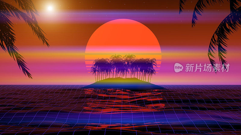 3d热带日落与岛屿和棕榈树。海洋和霓虹太阳在合成器和新反浪潮美学80年代90年代