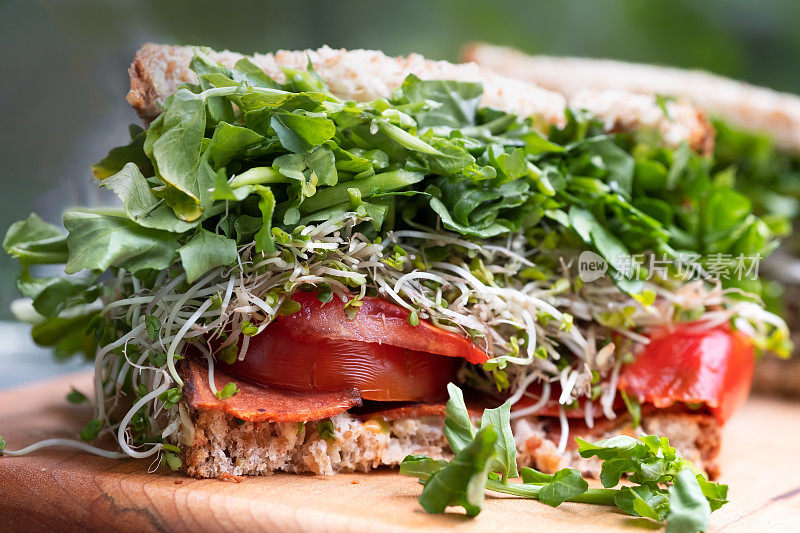 素食培根，番茄，豆瓣菜和花椰菜芽杂粮三明治特写