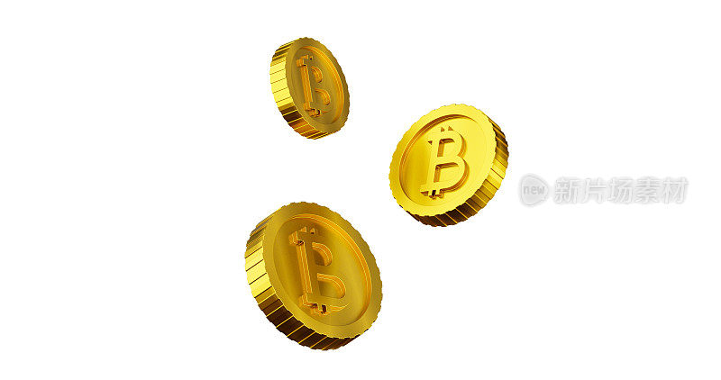 真实的黄金比特币浮动硬币运动隔离在白色背景。三维渲染