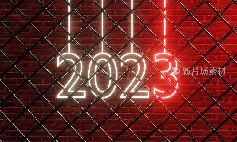 2023年新年。霓虹灯照明2023号挂在电线后面的墙上